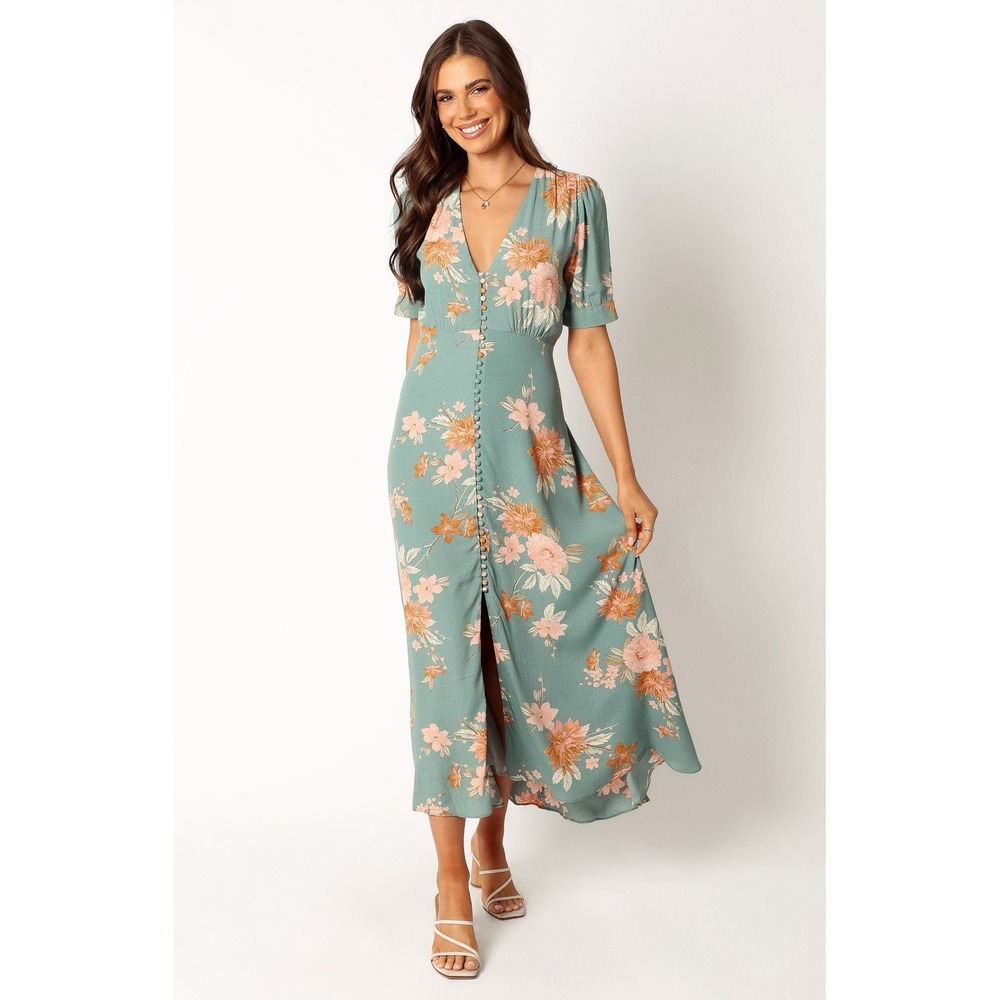 Petal & Pup Frampton Floral Sage Green Button Front Midi Dress L Garden Cottage